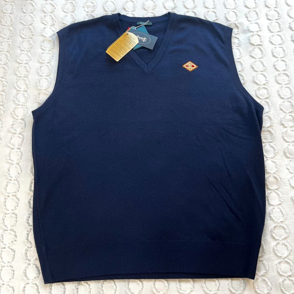 Marbas Golf Sweater Vest Men's XXL 100% Merino Wool Largo V-Neck Navy